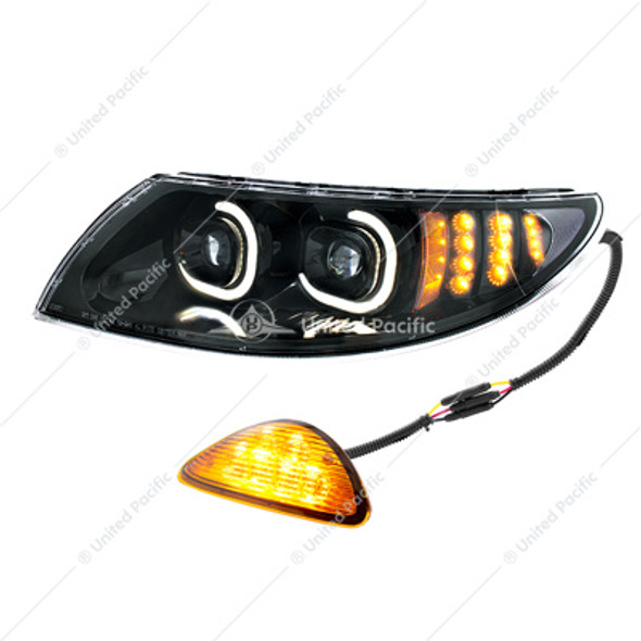 35991-UP BLACK LED PROJECTOR HEADLIGHT WITH REAR FACING TURN SIGNAL FOR INTERNATIONAL DURASTAR 2002-2018 - DRIVER