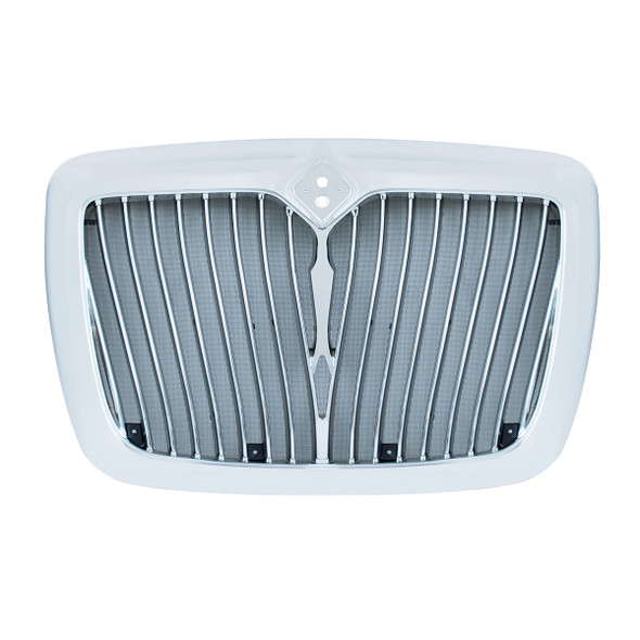 21164-UP CHROME GRILLE WITH CURVED BARS & BUG SCREEN FOR 2006-2017 INTERNATIONAL PROSTAR