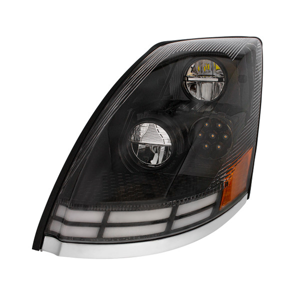 35895-UP BLACK LED HEADLIGHT WITH DUAL COLOR LED LIGHT BARS FOR 2003-2017 VOLVO VN/VNL - DRIVER