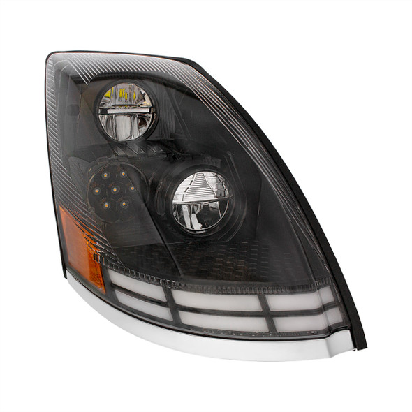 35896-UP BLACK LED HEADLIGHT WITH DUAL COLOR LED LIGHT BARS FOR 2003-2017 VOLVO VN/VNL - PASSENGER