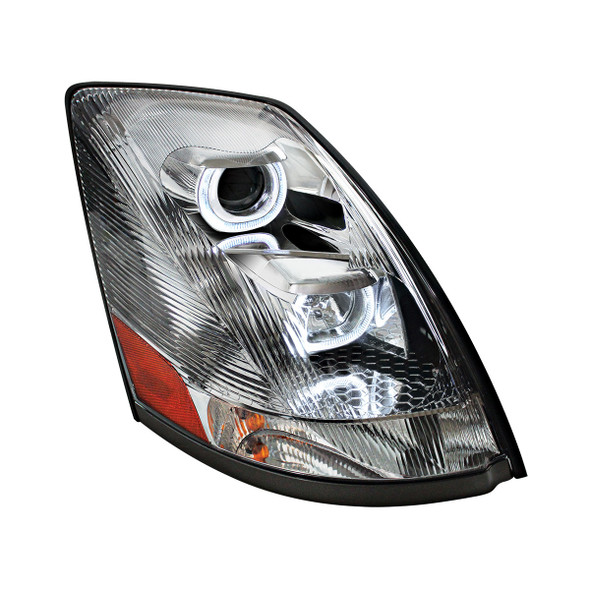 31264-UP CHROME PROJECTION HEADLIGHT WITH WHITE LED LIGHT BAR FOR 2003-2017 VOLVO VN/VNL - PASSENGER