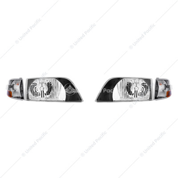 36018-UP BLACK BEZEL HEADLIGHT ASSEMBLY WITH TURN SIGNAL FOR 1996-2003 VOLVO VN (SET)