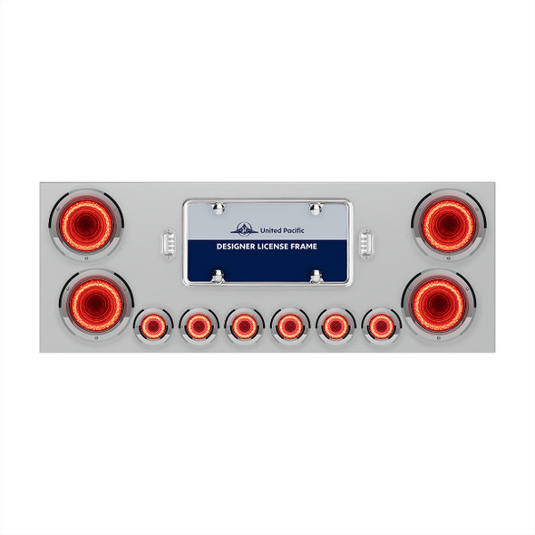34497-UP SS REAR CENTER PANEL WITH FOUR 23 LED 4" LIGHTS & SIX 9 LED 2" MIRAGE LIGHTS & BEZELS - RED LED/CLEAR LENS
