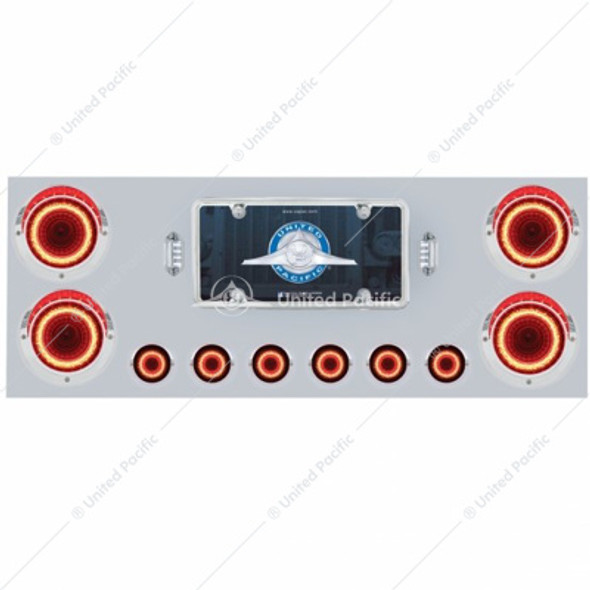 34499-UP SS REAR CENTER PANEL WITH FOUR 23 LED 4" LIGHTS & SIX 9 LED 2" MIRAGE LIGHTS & VISORS - RED LED/CLEAR LENS