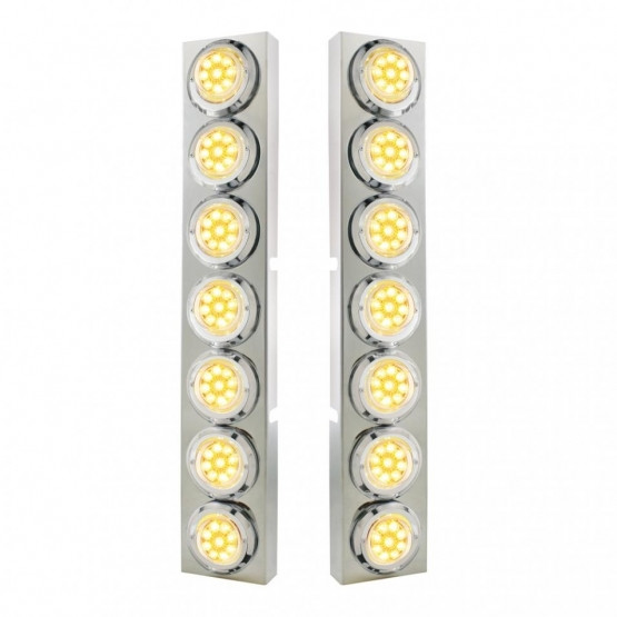 SS Front Air Cleaner Bracket With 14X 9 Amber LED 2" Reflector Lights & Bezel For KW Trucks -Clear Lens