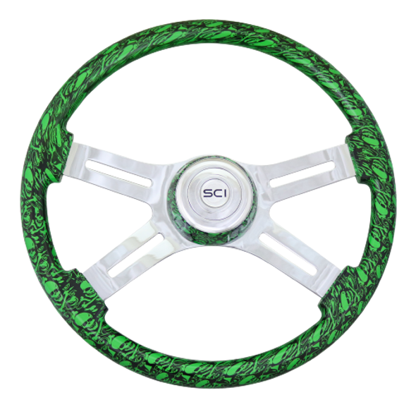 SCI537-3037-77502 Skulls Green-18' Painted Wood Rim, Chrome 4-Spoke w/ Slot Cut Outs Steering Wheel.Matching Bezel,Chrome Horn Button-Logo.