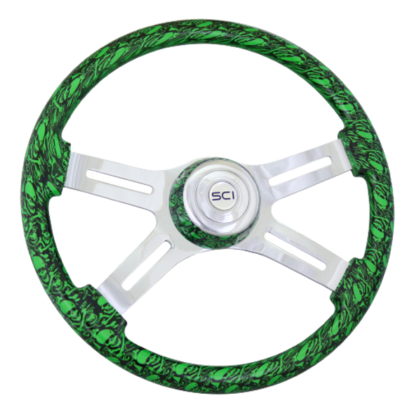 SCI537-3037-77502 Skulls Green-18' Painted Wood Rim, Chrome 4-Spoke w/ Slot Cut Outs Steering Wheel.Matching Bezel,Chrome Horn Button-Logo.