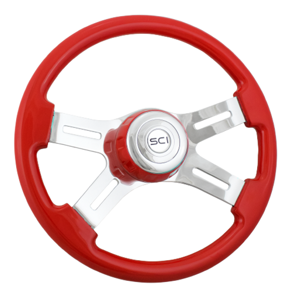 SCI532-3062-77502 16" Classic Red Wood 4 Chrome Spoke Steering Wheel