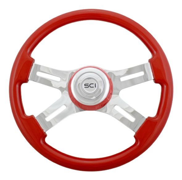SCI532-3062-77502 16" Classic Red Wood 4 Chrome Spoke Steering Wheel
