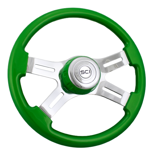 SCI505-3077-77502 16" Classic Green Wood 4 Chrome Spoke Steering Wheel