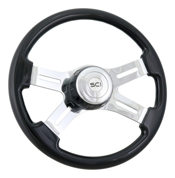 SCI501-3090-77502 16" Classic Black-16" Wood Rim, Chrome 4-Spoke w/Slot Cut Outs Steering Wheel, Black Bezel, Chrome Horn