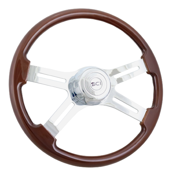 SCI280-3003-77502 Classic Mahogany-18' Painted Wood Rim, Chrome 4-Spoke w/ Slot Cut Outs Steering Wheel.Chrome Bezel,Chrome Horn Button-Logo