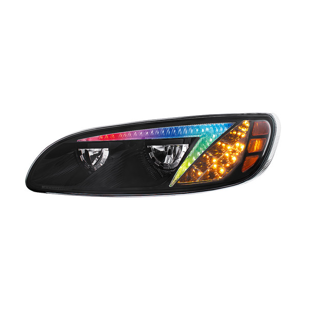BLACK LED HEADLIGHT WITH COLOR CHANGING POSITION LIGHT BAR FOR PETERBILT 386 (2005-2015) & 387 (1999-2010) - DRIVER