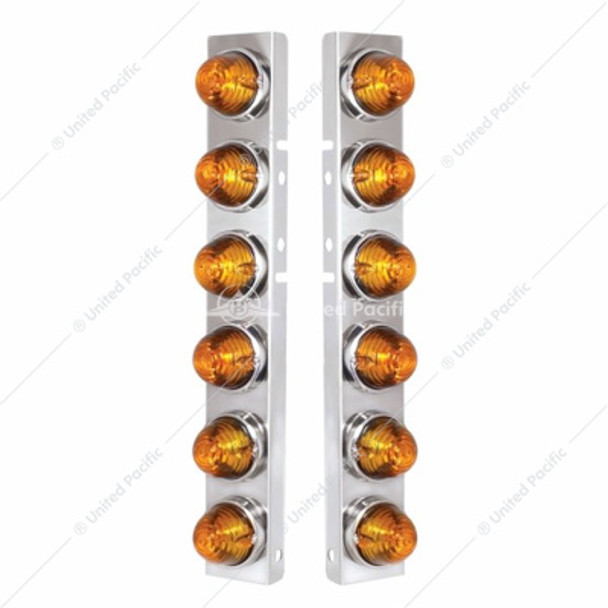 SS FRONT AIR CLEANER BRACKET WITH 12X GLASS BEEHIVE LIGHTS & SS BEZELS FOR PETERBILT-AMBER LENS