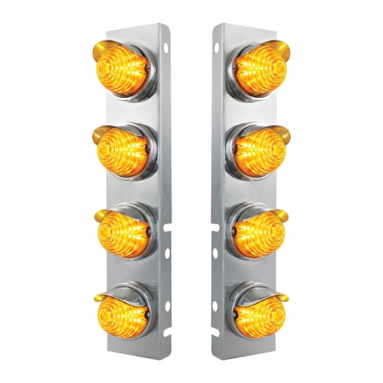 SS FRONT AIR CLEANER BRACKET WITH 8X 17 AMBER LED BEEHIVE LIGHTS & SS VISORS FOR PETERBILT -AMBER LENS