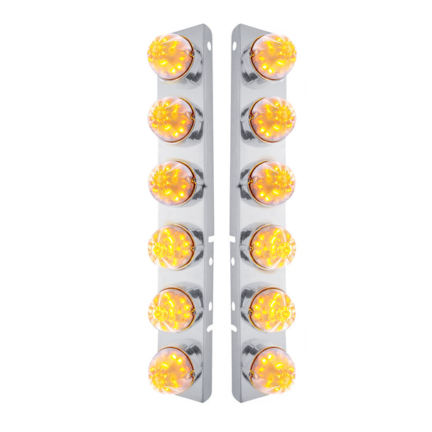 SS FRONT AIR CLEANER BRACKET W/12X 17 LED WATERMELON LIGHTS & SS BEZELS FOR PETERBILT-AMBER LED/CLEAR LENS (PAIR)