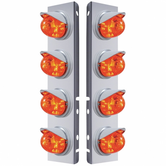 37295-UP SS FRONT AIR CLEANER BRACKET WITH 8X 17 LED WATERMELON LIGHTS & VISORS FOR PETERBILT-AMBER LED/DARK AMBER LENS