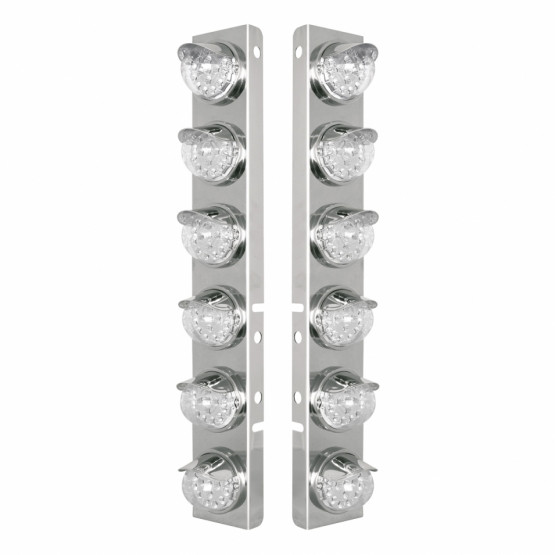 39839-UP SS FRONT AIR CLEANER BRACKET WITH 12X 17 AMBER LED REFLECTOR LIGHTS & SS VISORS FOR PETERBILT-CLEAR LENS