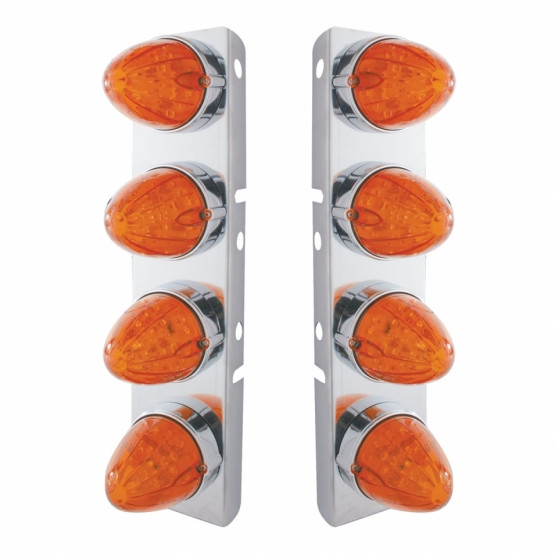 37297-UP SS FRONT AIR CLEANER BRACKET WITH 8X 19 LED WATERMELON LIGHTS & BEZELS FOR PETERBILT-AMBER LED/DARK AMBER LENS