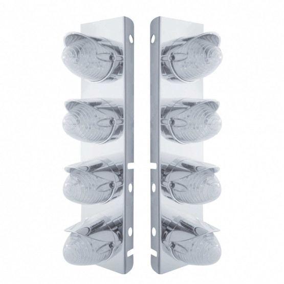 37708-UP SS FRONT AIR CLEANER BRACKET WITH 8X 19 LED BEEHIVE LIGHTS & VISORS FOR PETERBILT-AMBER LED/CLEAR LENS