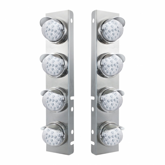 39859-UP SS FRONT AIR CLEANER BRACKET WITH 8X 17 AMBER LED DUAL FUNCTION REFLECTOR LIGHTS & SS VISORS FOR PETERBILT-CLEAR