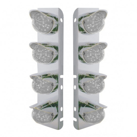 39861-UP SS FRONT AIR CLEANER BRACKET WITH 8X 17 AMBER LED HI/LO WATERMELON LIGHTS & SS VISORS FOR PETERBILT-CLEAR LENS