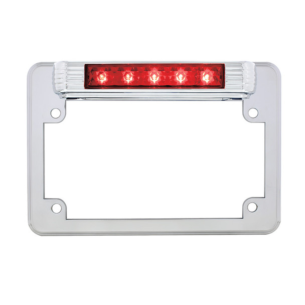 Chrome Motorcycle License Plate Frame With 3rd Brake Light - Red LED/Red Lens