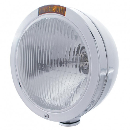 Stainless Steel Bullet Classic Headlight H4 Bulb & Turn Signal - Amber Lens