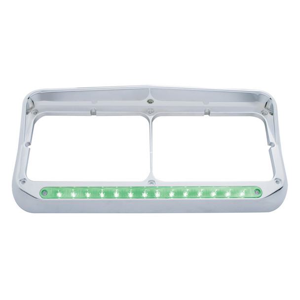 14 LED Chrome Rectangular Dual Headlight Bezel With Visor - Green LED/Clear Lens