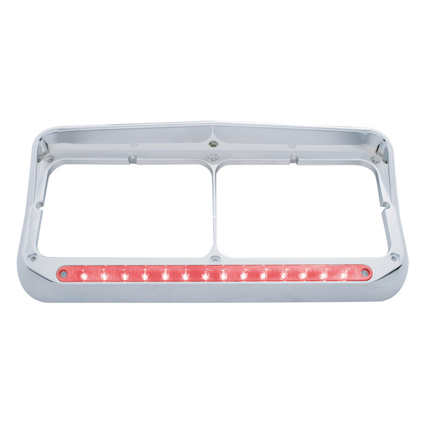 14 LED Chrome Rectangular Dual Headlight Bezel With Visor - Red LED/Clear Lens