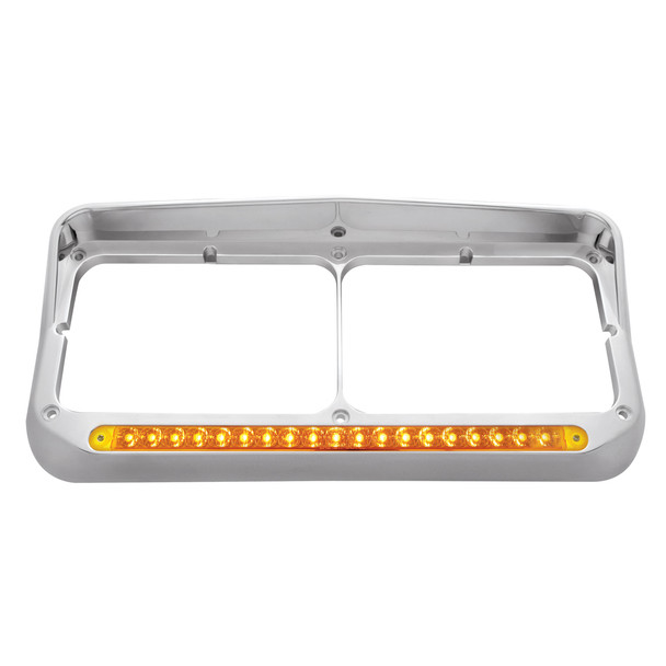 Chrome Rectangular Dual Headlight Bezel With Visor & 19 LED Light Bar - Amber LED/Amber Lens