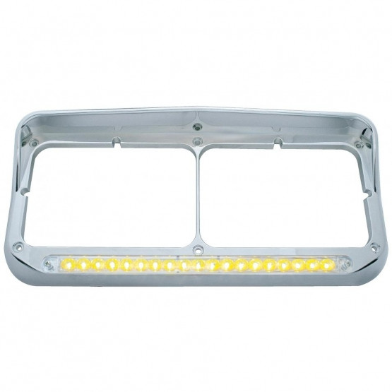 Chrome Rectangular Dual Headlight Bezel With Visor & 19 LED Light Bar - Amber LED/Clear Lens