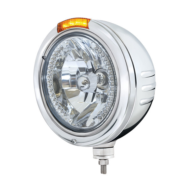 Stainless Steel Bullet Embossed Stripe Headlight H4 With Amber LED & Dual Mode LED Signal - Amber Lens