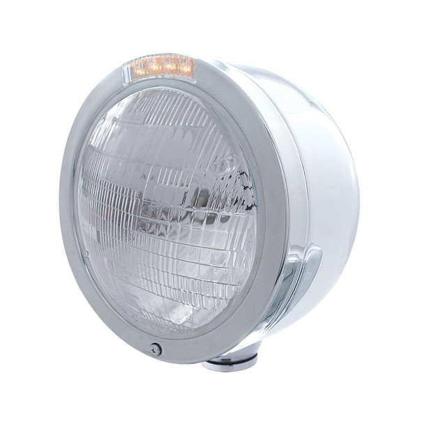Stainless Steel Bullet Half Moon Headlight 6014 Bulb & LED Turn Signal - Clear Lens