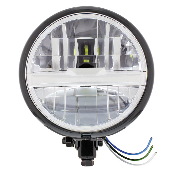 Black 5-3/4" Motorcycle Headlight 8 LED Bulb With Silver Bar - Bottom Mount
