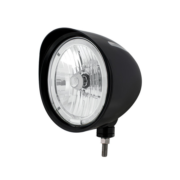 Black "Billet" Style Groove Headlight With Visor 9007 Bulb With Amber LED Halo Rim