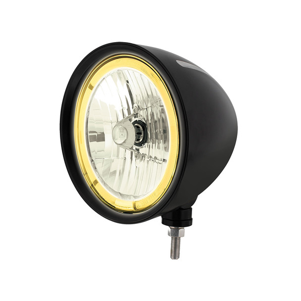 Black "Billet" Style Groove Headlight 9007 Bulb With Amber LED Halo Rim