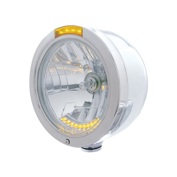 Stainless Steel Bullet Half Moon Headlight H4 With 10 Amber LED & Dual Mode LED Signal-Amber Lens