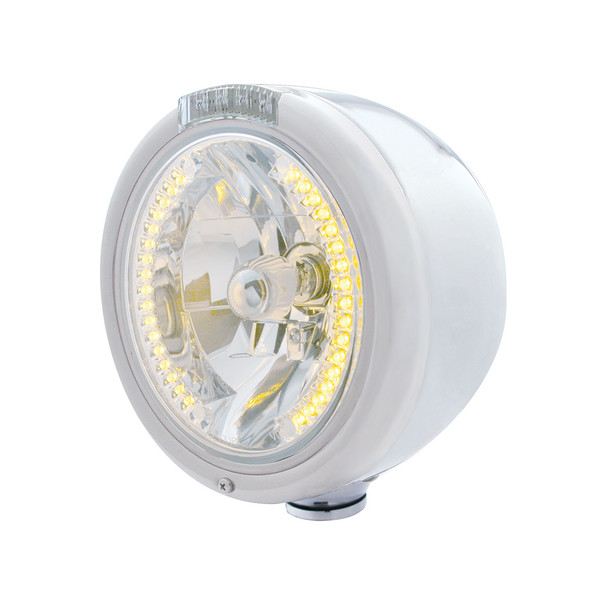Stainless Steel Classic Half Moon Headlight H4 With Amber LED & Dual Mode LED Signal-Clear Lens
