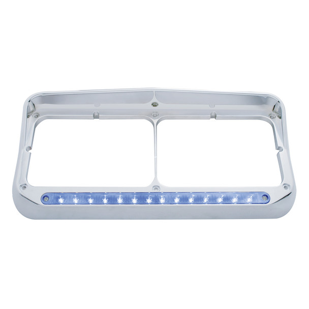 14 LED Chrome Rectangular Dual Headlight Bezel With Visor - Blue LED/Clear Lens