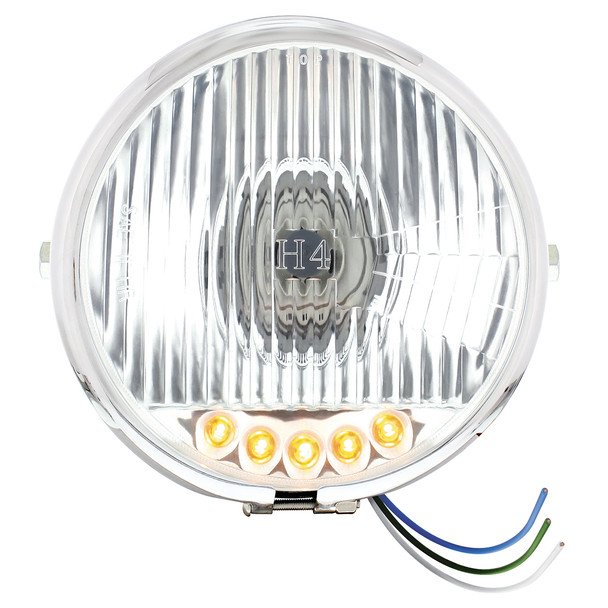 Chrome 5-3/4" Motorcycle Headlight H4 Bulb With 5 Amber LED - Side Mount