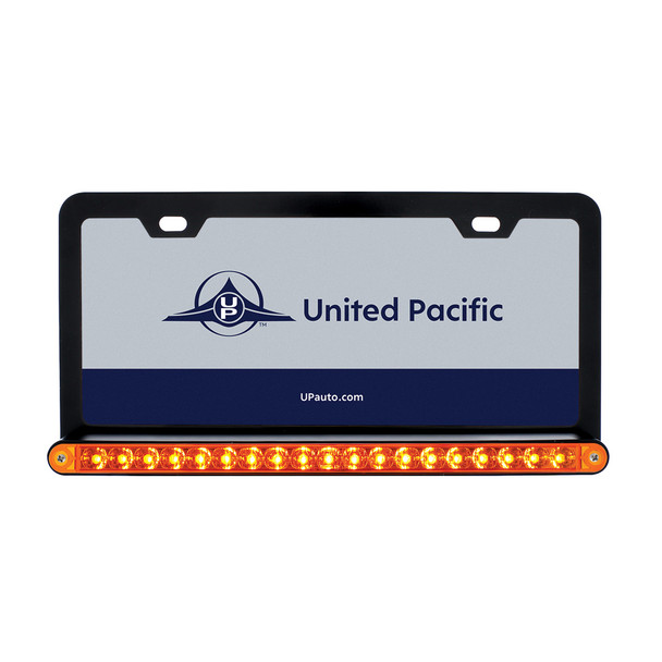 Black License Plate Frame With 19 LED 12" Reflector Light Bar - Amber LED/Amber Lens