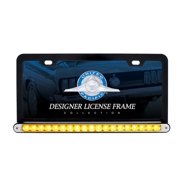 Black License Plate Frame With 19 LED 12" Reflector Light Bar - Amber LED/Clear Lens