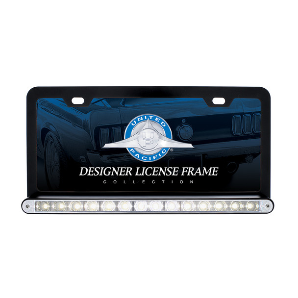 Black License Plate Frame With 14 LED 12" Light Bar - White LED/Clear Lens