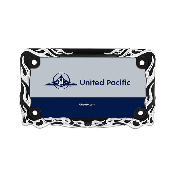 Motorcycle License Plate Frame - Chrome Flame/Black Frame