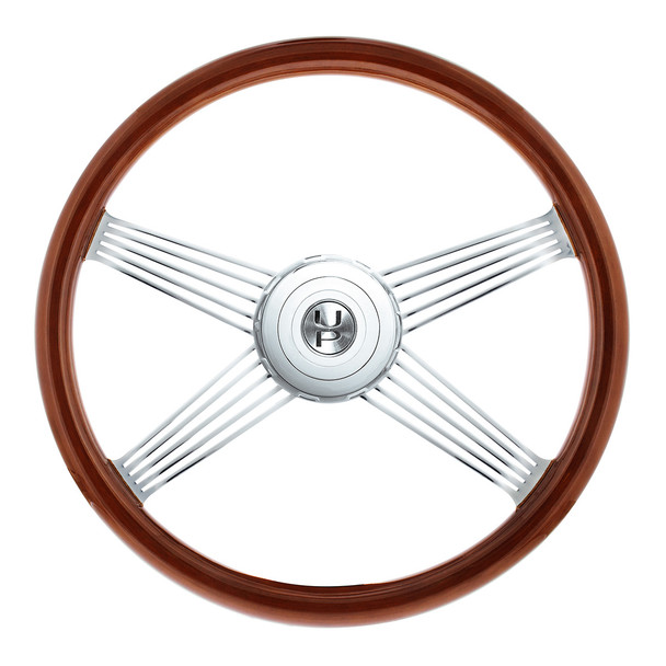 18" Chrome 4 Spoke With Wire Cutout Steering Wheel With Horn Bezel & Button-Wood Grain