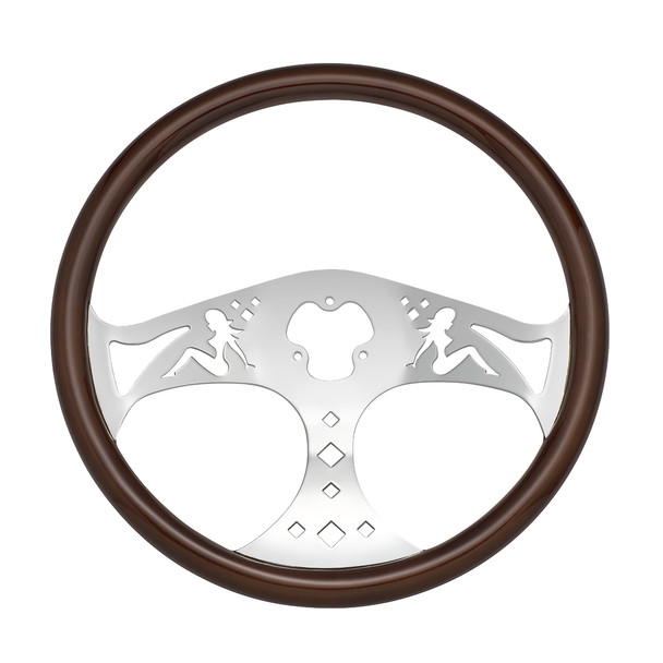 18" Lady Steering Wheel With Chrome Horn Bezel And Horn Button - Woodgrain