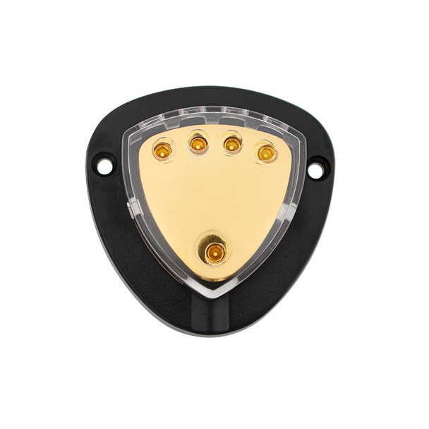 Gold Distribution Block with (1) 4 AWG input and (4) 8 AWG outputs, Triangular Shape 1 Pc.