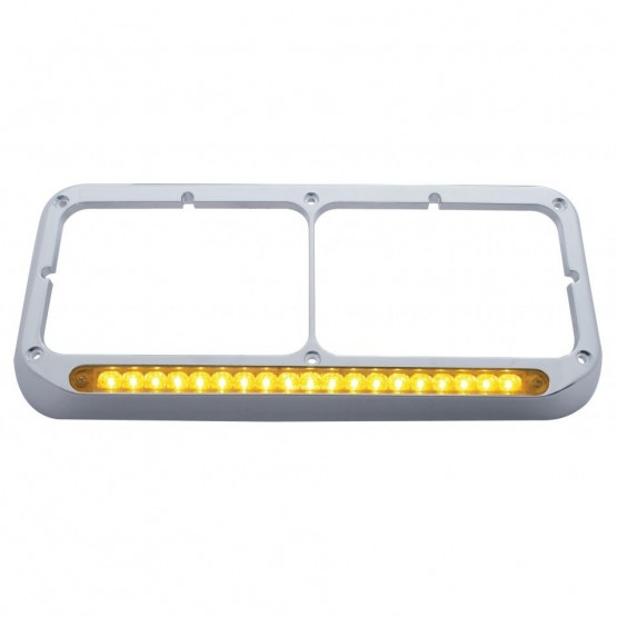 Chrome Rectangular Dual Headlight Bezel With 19 LED Light Bar - Amber LED/Amber Lens