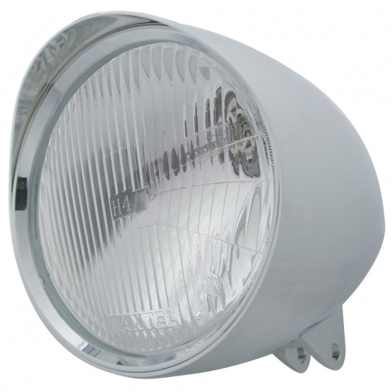 Motorcycle Chrome "Chopper" Headlight With Smooth Visor H4 Bulb